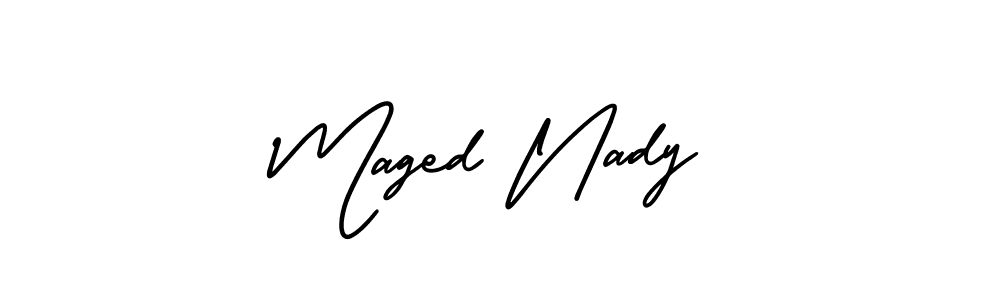 You should practise on your own different ways (AmerikaSignatureDemo-Regular) to write your name (Maged Nady) in signature. don't let someone else do it for you. Maged Nady signature style 3 images and pictures png