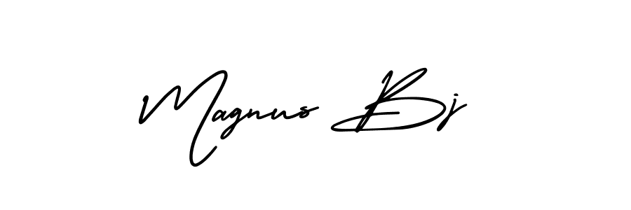 You should practise on your own different ways (AmerikaSignatureDemo-Regular) to write your name (Magnus Bj) in signature. don't let someone else do it for you. Magnus Bj signature style 3 images and pictures png