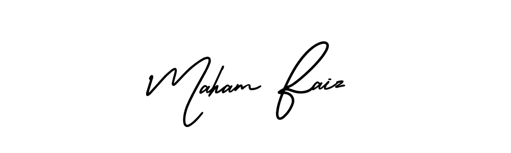 You should practise on your own different ways (AmerikaSignatureDemo-Regular) to write your name (Maham Faiz) in signature. don't let someone else do it for you. Maham Faiz signature style 3 images and pictures png