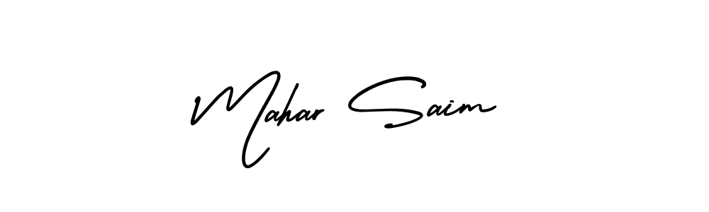 This is the best signature style for the Mahar Saim name. Also you like these signature font (AmerikaSignatureDemo-Regular). Mix name signature. Mahar Saim signature style 3 images and pictures png
