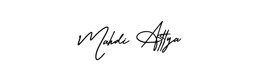 You should practise on your own different ways (AmerikaSignatureDemo-Regular) to write your name (Mahdi Attya) in signature. don't let someone else do it for you. Mahdi Attya signature style 3 images and pictures png