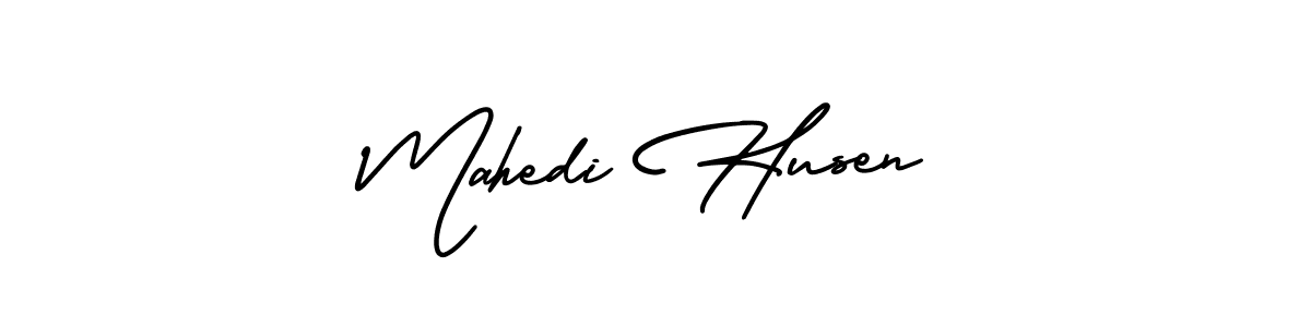 You should practise on your own different ways (AmerikaSignatureDemo-Regular) to write your name (Mahedi Husen) in signature. don't let someone else do it for you. Mahedi Husen signature style 3 images and pictures png