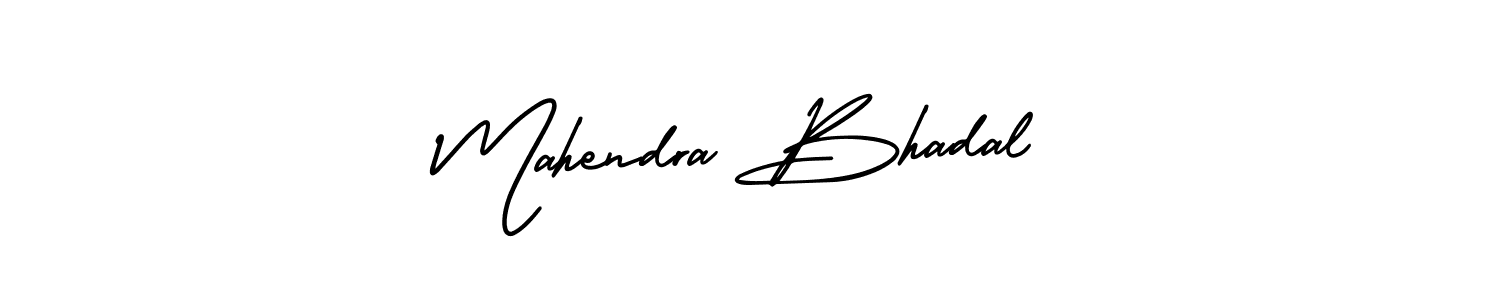 You should practise on your own different ways (AmerikaSignatureDemo-Regular) to write your name (Mahendra Bhadal) in signature. don't let someone else do it for you. Mahendra Bhadal signature style 3 images and pictures png