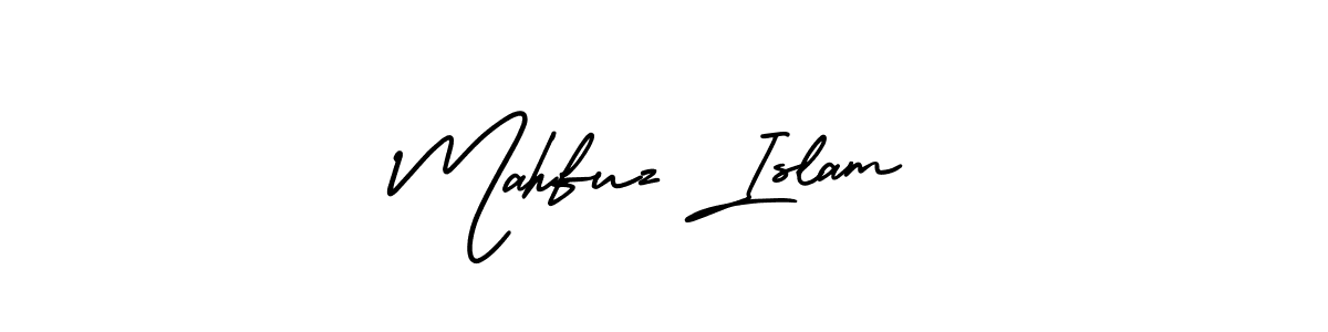 The best way (AmerikaSignatureDemo-Regular) to make a short signature is to pick only two or three words in your name. The name Mahfuz Islam include a total of six letters. For converting this name. Mahfuz Islam signature style 3 images and pictures png