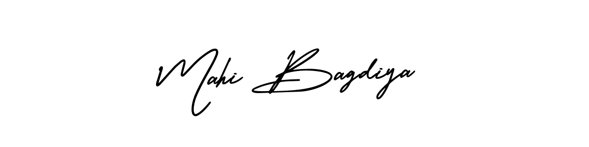 You should practise on your own different ways (AmerikaSignatureDemo-Regular) to write your name (Mahi Bagdiya) in signature. don't let someone else do it for you. Mahi Bagdiya signature style 3 images and pictures png