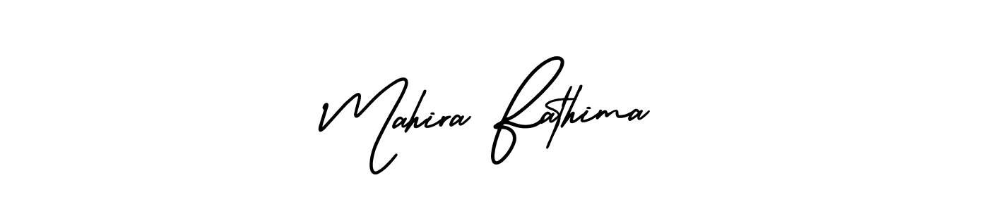 You should practise on your own different ways (AmerikaSignatureDemo-Regular) to write your name (Mahira Fathima) in signature. don't let someone else do it for you. Mahira Fathima signature style 3 images and pictures png