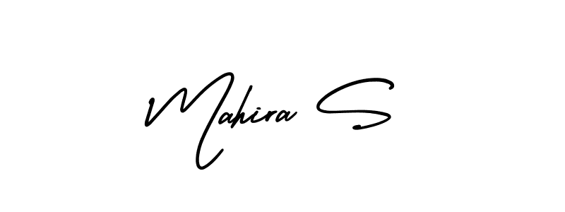 You should practise on your own different ways (AmerikaSignatureDemo-Regular) to write your name (Mahira S) in signature. don't let someone else do it for you. Mahira S signature style 3 images and pictures png