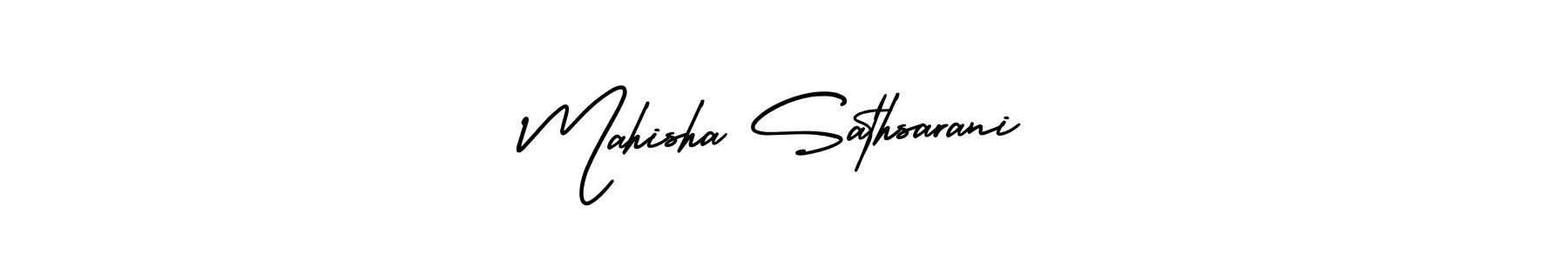 You should practise on your own different ways (AmerikaSignatureDemo-Regular) to write your name (Mahisha Sathsarani) in signature. don't let someone else do it for you. Mahisha Sathsarani signature style 3 images and pictures png