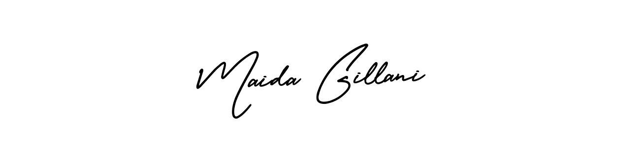 You should practise on your own different ways (AmerikaSignatureDemo-Regular) to write your name (Maida Gillani) in signature. don't let someone else do it for you. Maida Gillani signature style 3 images and pictures png