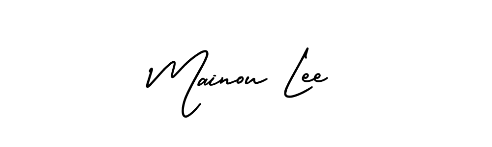 You should practise on your own different ways (AmerikaSignatureDemo-Regular) to write your name (Mainou Lee) in signature. don't let someone else do it for you. Mainou Lee signature style 3 images and pictures png