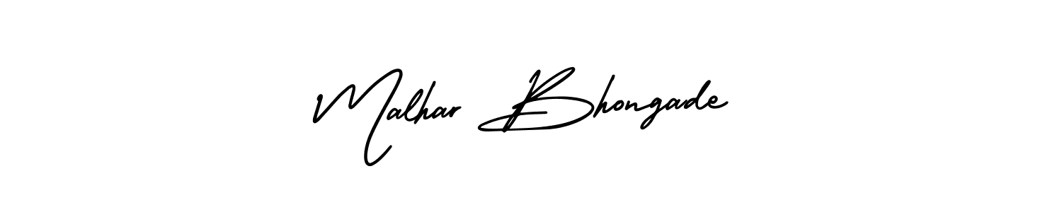 The best way (AmerikaSignatureDemo-Regular) to make a short signature is to pick only two or three words in your name. The name Malhar Bhongade include a total of six letters. For converting this name. Malhar Bhongade signature style 3 images and pictures png