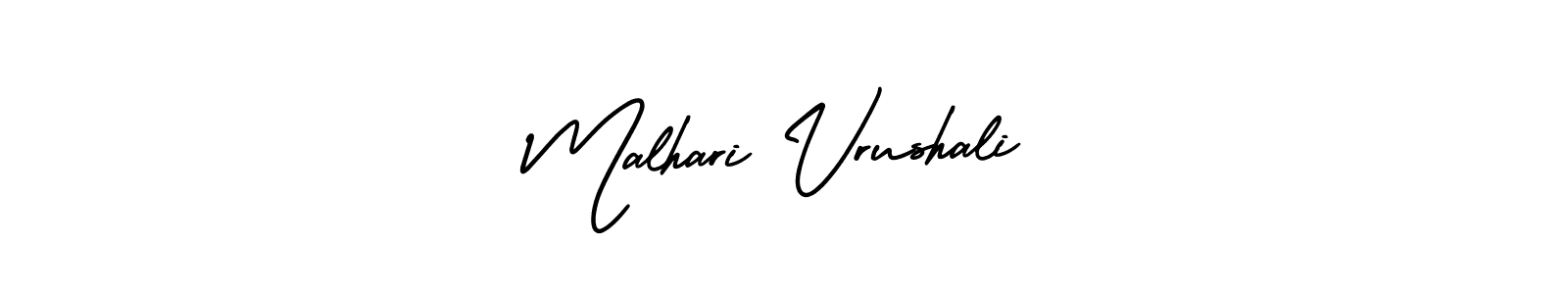 You should practise on your own different ways (AmerikaSignatureDemo-Regular) to write your name (Malhari Vrushali) in signature. don't let someone else do it for you. Malhari Vrushali signature style 3 images and pictures png
