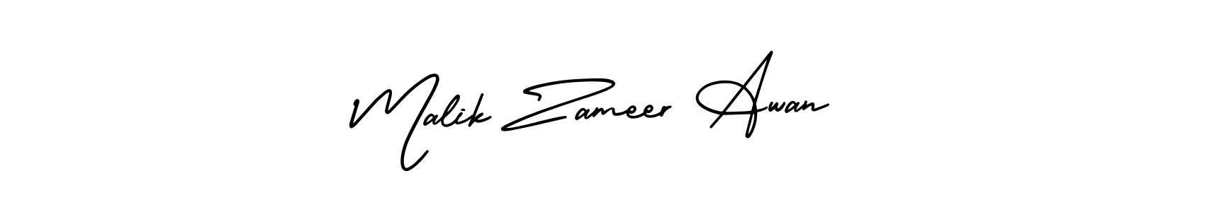 This is the best signature style for the Malik Zameer Awan name. Also you like these signature font (AmerikaSignatureDemo-Regular). Mix name signature. Malik Zameer Awan signature style 3 images and pictures png