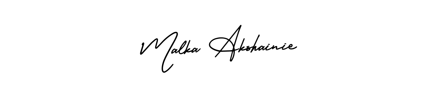 You should practise on your own different ways (AmerikaSignatureDemo-Regular) to write your name (Malka Akshainie) in signature. don't let someone else do it for you. Malka Akshainie signature style 3 images and pictures png