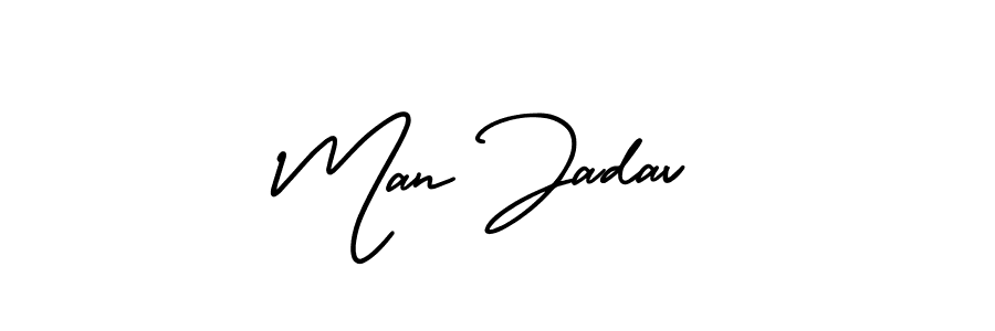 The best way (AmerikaSignatureDemo-Regular) to make a short signature is to pick only two or three words in your name. The name Man Jadav include a total of six letters. For converting this name. Man Jadav signature style 3 images and pictures png