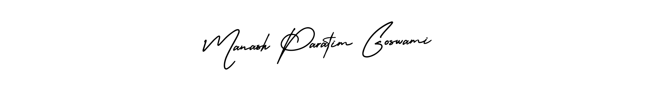 You should practise on your own different ways (AmerikaSignatureDemo-Regular) to write your name (Manash Paratim Goswami) in signature. don't let someone else do it for you. Manash Paratim Goswami signature style 3 images and pictures png