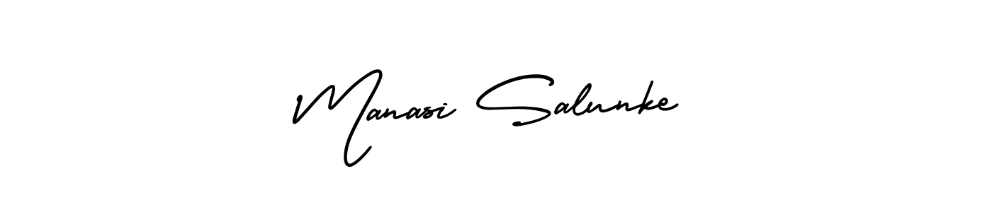 You should practise on your own different ways (AmerikaSignatureDemo-Regular) to write your name (Manasi Salunke) in signature. don't let someone else do it for you. Manasi Salunke signature style 3 images and pictures png