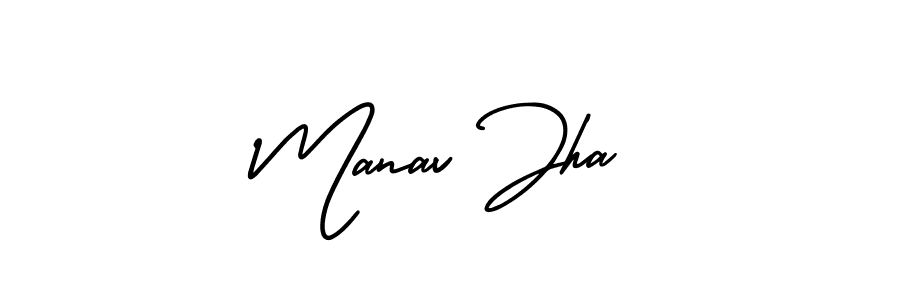 You should practise on your own different ways (AmerikaSignatureDemo-Regular) to write your name (Manav Jha) in signature. don't let someone else do it for you. Manav Jha signature style 3 images and pictures png