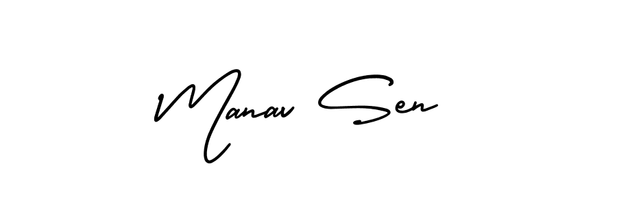 The best way (AmerikaSignatureDemo-Regular) to make a short signature is to pick only two or three words in your name. The name Manav Sen include a total of six letters. For converting this name. Manav Sen signature style 3 images and pictures png