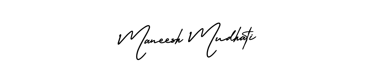 You should practise on your own different ways (AmerikaSignatureDemo-Regular) to write your name (Maneesh Mudhati) in signature. don't let someone else do it for you. Maneesh Mudhati signature style 3 images and pictures png