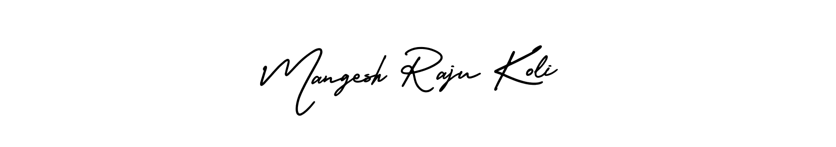 You should practise on your own different ways (AmerikaSignatureDemo-Regular) to write your name (Mangesh Raju Koli) in signature. don't let someone else do it for you. Mangesh Raju Koli signature style 3 images and pictures png