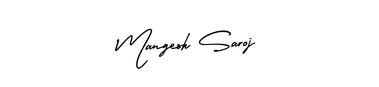 You should practise on your own different ways (AmerikaSignatureDemo-Regular) to write your name (Mangesh Saroj) in signature. don't let someone else do it for you. Mangesh Saroj signature style 3 images and pictures png