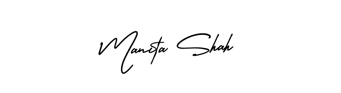 You should practise on your own different ways (AmerikaSignatureDemo-Regular) to write your name (Manita Shah) in signature. don't let someone else do it for you. Manita Shah signature style 3 images and pictures png