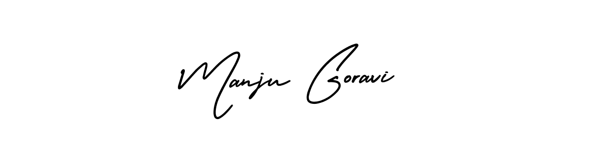 You should practise on your own different ways (AmerikaSignatureDemo-Regular) to write your name (Manju Goravi) in signature. don't let someone else do it for you. Manju Goravi signature style 3 images and pictures png