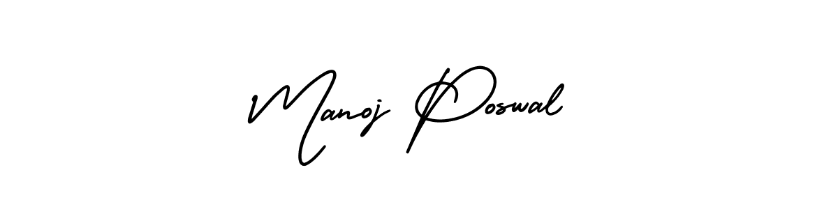 The best way (AmerikaSignatureDemo-Regular) to make a short signature is to pick only two or three words in your name. The name Manoj Poswal include a total of six letters. For converting this name. Manoj Poswal signature style 3 images and pictures png