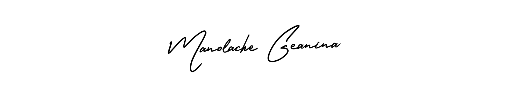 You should practise on your own different ways (AmerikaSignatureDemo-Regular) to write your name (Manolache Geanina) in signature. don't let someone else do it for you. Manolache Geanina signature style 3 images and pictures png