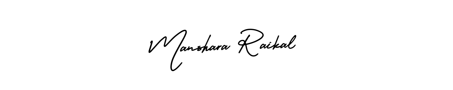 You should practise on your own different ways (AmerikaSignatureDemo-Regular) to write your name (Manshara Raikal) in signature. don't let someone else do it for you. Manshara Raikal signature style 3 images and pictures png