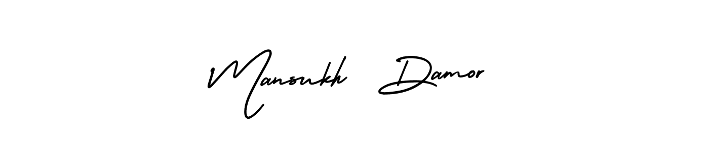 You should practise on your own different ways (AmerikaSignatureDemo-Regular) to write your name (Mansukh  Damor) in signature. don't let someone else do it for you. Mansukh  Damor signature style 3 images and pictures png