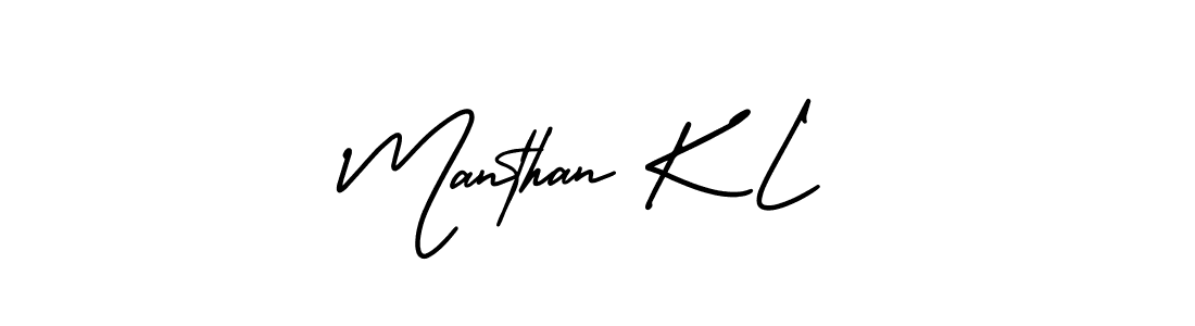 You should practise on your own different ways (AmerikaSignatureDemo-Regular) to write your name (Manthan K L) in signature. don't let someone else do it for you. Manthan K L signature style 3 images and pictures png