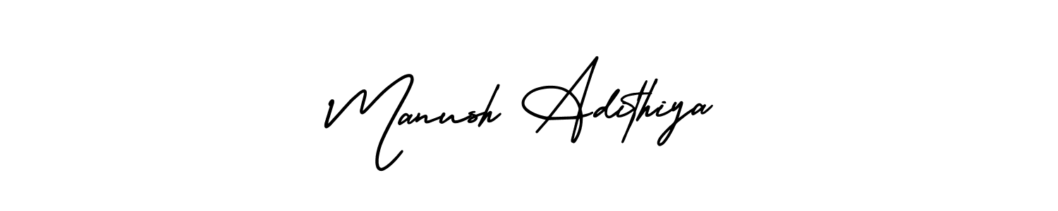 The best way (AmerikaSignatureDemo-Regular) to make a short signature is to pick only two or three words in your name. The name Manush Adithiya include a total of six letters. For converting this name. Manush Adithiya signature style 3 images and pictures png