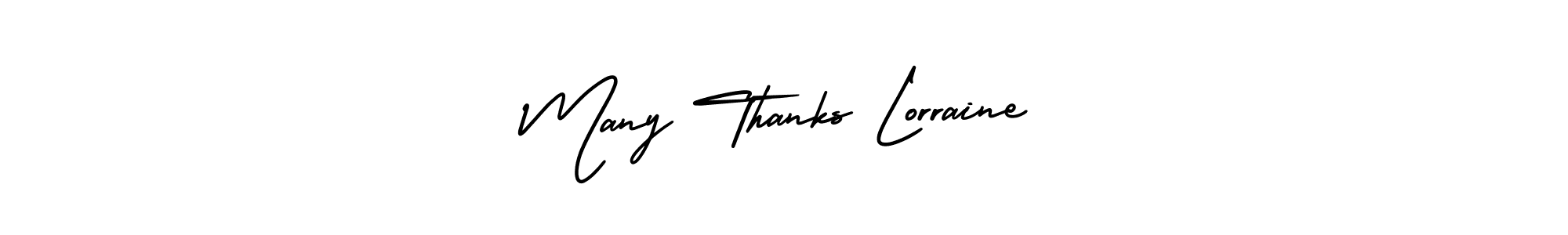 The best way (AmerikaSignatureDemo-Regular) to make a short signature is to pick only two or three words in your name. The name Many Thanks Lorraine include a total of six letters. For converting this name. Many Thanks Lorraine signature style 3 images and pictures png