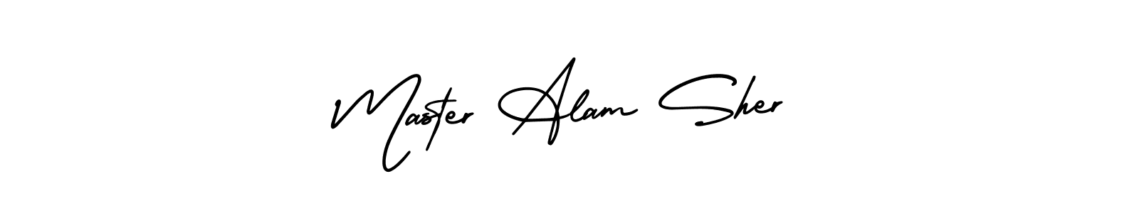 You should practise on your own different ways (AmerikaSignatureDemo-Regular) to write your name (Master Alam Sher) in signature. don't let someone else do it for you. Master Alam Sher signature style 3 images and pictures png