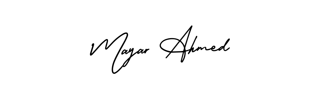 You should practise on your own different ways (AmerikaSignatureDemo-Regular) to write your name (Mayar Ahmed) in signature. don't let someone else do it for you. Mayar Ahmed signature style 3 images and pictures png