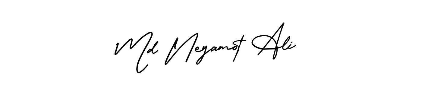 You should practise on your own different ways (AmerikaSignatureDemo-Regular) to write your name (Md Neyamot Ali) in signature. don't let someone else do it for you. Md Neyamot Ali signature style 3 images and pictures png