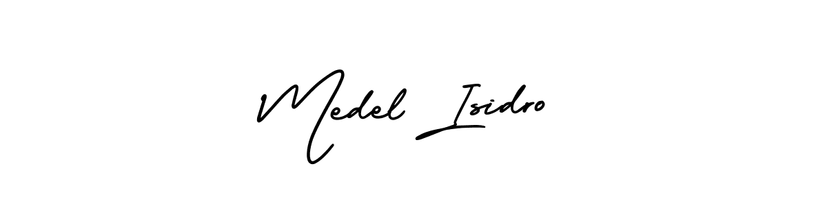 You should practise on your own different ways (AmerikaSignatureDemo-Regular) to write your name (Medel Isidro) in signature. don't let someone else do it for you. Medel Isidro signature style 3 images and pictures png