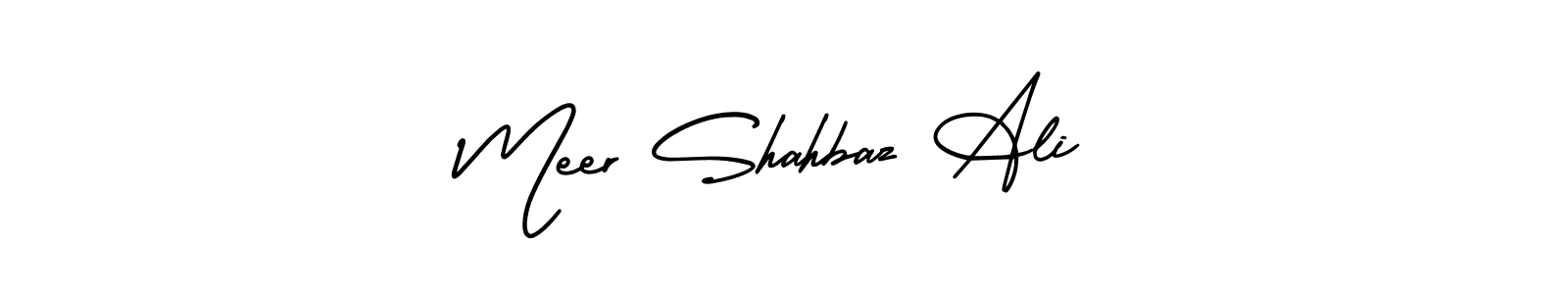 You should practise on your own different ways (AmerikaSignatureDemo-Regular) to write your name (Meer Shahbaz Ali) in signature. don't let someone else do it for you. Meer Shahbaz Ali signature style 3 images and pictures png