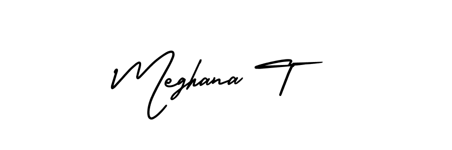 How to make Meghana T name signature. Use AmerikaSignatureDemo-Regular style for creating short signs online. This is the latest handwritten sign. Meghana T signature style 3 images and pictures png