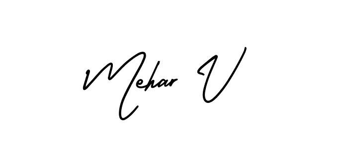The best way (AmerikaSignatureDemo-Regular) to make a short signature is to pick only two or three words in your name. The name Mehar V include a total of six letters. For converting this name. Mehar V signature style 3 images and pictures png