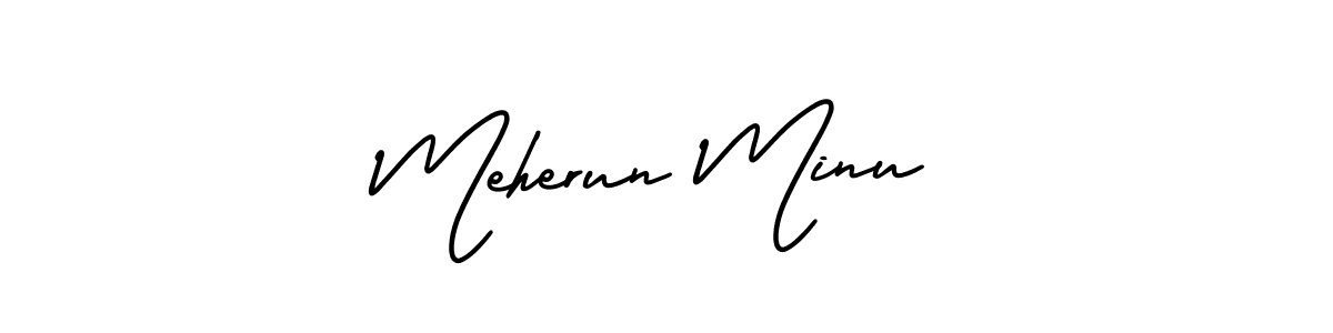 You should practise on your own different ways (AmerikaSignatureDemo-Regular) to write your name (Meherun Minu) in signature. don't let someone else do it for you. Meherun Minu signature style 3 images and pictures png