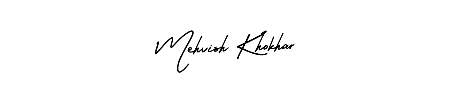 You should practise on your own different ways (AmerikaSignatureDemo-Regular) to write your name (Mehvish Khokhar) in signature. don't let someone else do it for you. Mehvish Khokhar signature style 3 images and pictures png