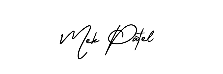 You should practise on your own different ways (AmerikaSignatureDemo-Regular) to write your name (Mek Patel) in signature. don't let someone else do it for you. Mek Patel signature style 3 images and pictures png