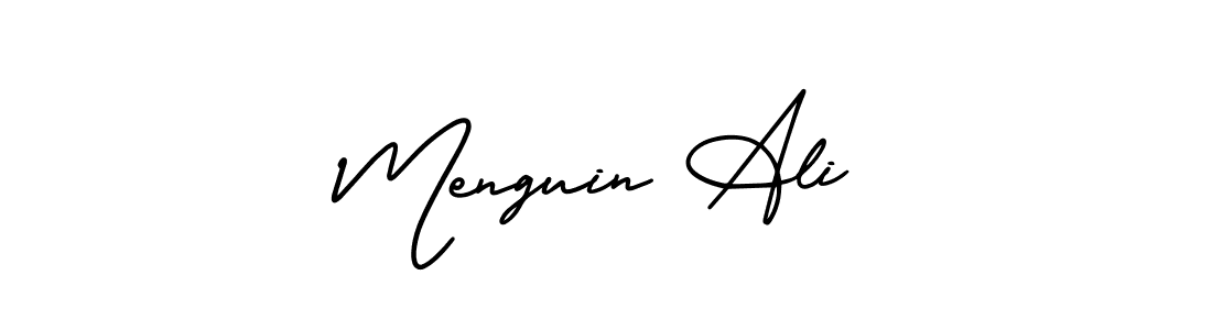 You should practise on your own different ways (AmerikaSignatureDemo-Regular) to write your name (Menguin Ali) in signature. don't let someone else do it for you. Menguin Ali signature style 3 images and pictures png