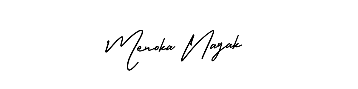 You should practise on your own different ways (AmerikaSignatureDemo-Regular) to write your name (Menoka Nayak) in signature. don't let someone else do it for you. Menoka Nayak signature style 3 images and pictures png