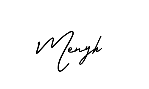 You should practise on your own different ways (AmerikaSignatureDemo-Regular) to write your name (Menyh) in signature. don't let someone else do it for you. Menyh signature style 3 images and pictures png