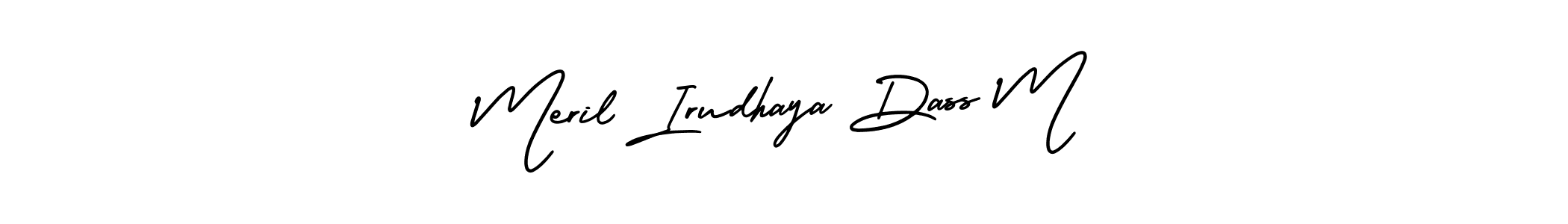 You should practise on your own different ways (AmerikaSignatureDemo-Regular) to write your name (Meril Irudhaya Dass M) in signature. don't let someone else do it for you. Meril Irudhaya Dass M signature style 3 images and pictures png