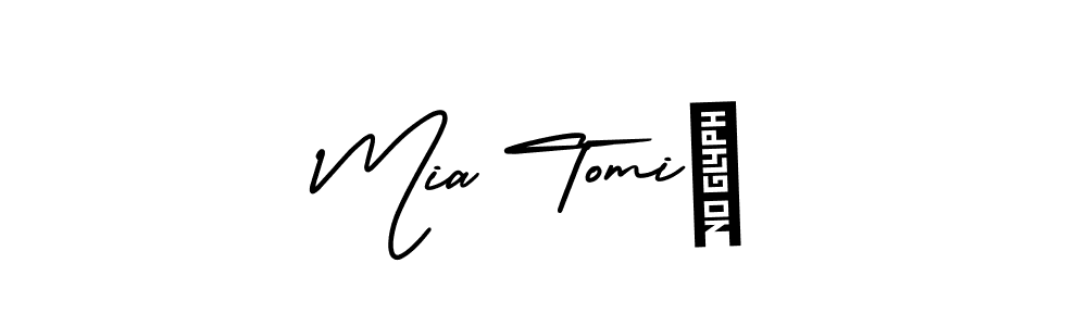 You should practise on your own different ways (AmerikaSignatureDemo-Regular) to write your name (Mia TomiĆ) in signature. don't let someone else do it for you. Mia TomiĆ signature style 3 images and pictures png